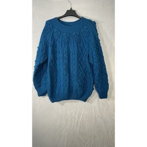Vintage Le Mode Women's Wool Cable Knit Crewneck Sweater Aqua Blue XL
